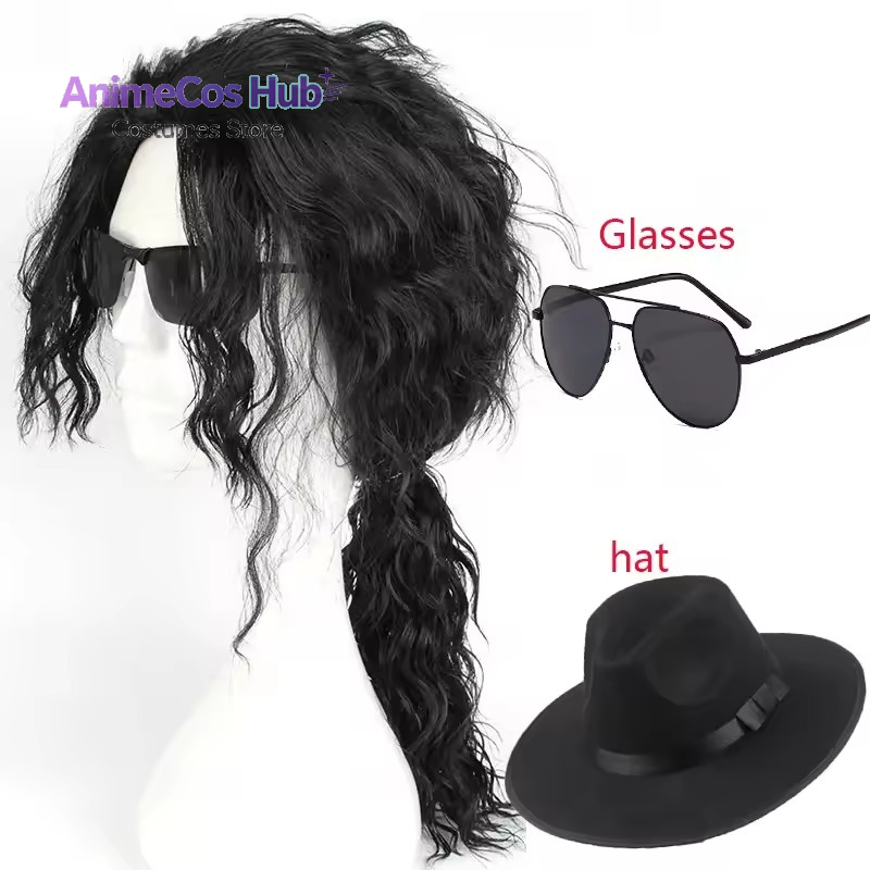 Cosplay Anime Black Hair - Perruque noire mi-longue bouclée pour cosplay